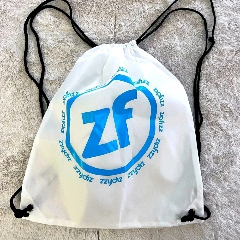 NWOT Zipfizz lightweight white with blue logo and black straps nylon backpack